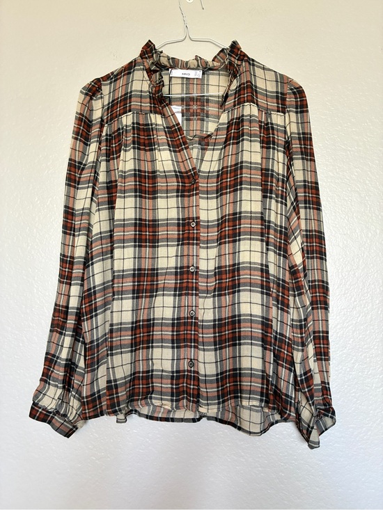 Mango Tops - NWT Mango Plaid Ruffle Collar Blouse Viscose Wool Top Rust Cream XS Cottagecore